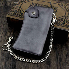 Vintage Gray Leather Men's Biker Chain Wallet Biker Wallet with Chain Long Chain Wallet For Men