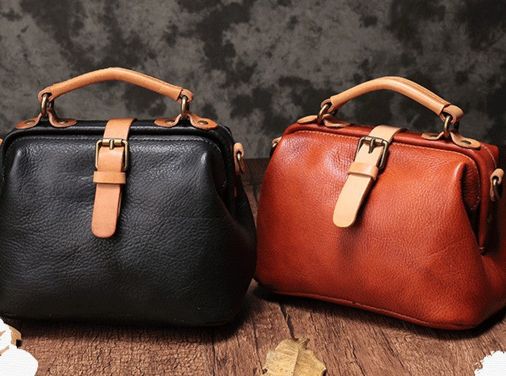 Vintage Handmade Leather Brown Womens Doctor Handbag Shoulder Bag Blac