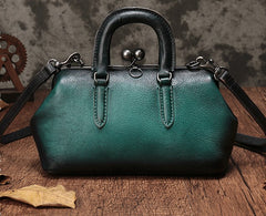 Vintage Handmade Leather Brown Womens Frame Handbag Shoulder Bag Green Crossbody Purse For Women