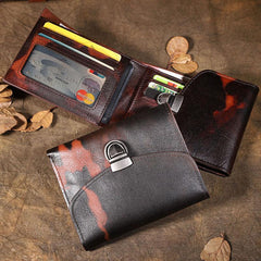 Handmade Leather Mens Graffiti Trifold billfold Wallet Vertical Small Card Wallet For Men