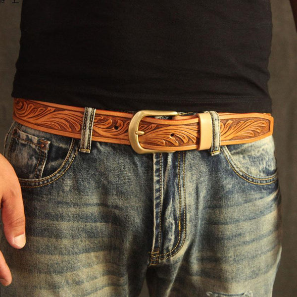 Handmade Vintage Yellow Brown Floral Tooled Leather Mens Belt Carved Leather Bel YJYBJ02881006