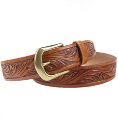 Handmade Vintage Yellow Brown Floral Tooled Leather Mens Belt Carved Leather Belt for Men