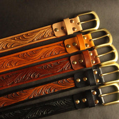 Handmade Vintage Yellow Brown Floral Tooled Leather Mens Belt Carved Leather Belt for Men