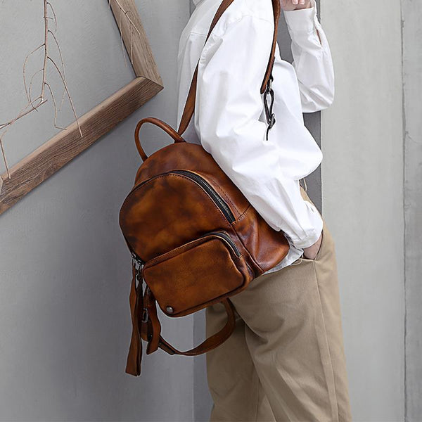 Brown Small Leather Backpack for Women Brown - Back View