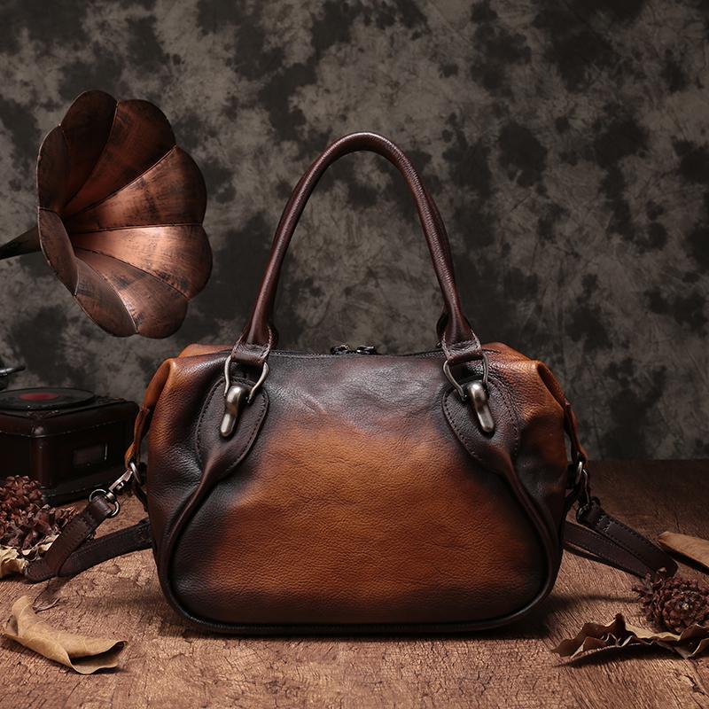 13" Vintage Leather Handbag Retro Shoulder Handbag Purse Western Leather Purses