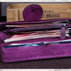 Grey Vintage Womens Leather Bifold Long Wallet Purple Clutch Phone Purses for Ladies