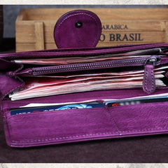 Vintage Womens Long Bifold Wallet Brown Leather Wallet Red Clutch Wallet Purse