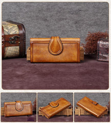 Vintage Womens Long Bifold Wallet Brown Leather Wallet Red Clutch Wallet Purse