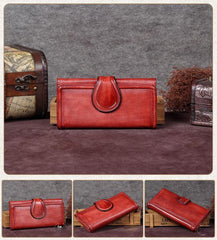 Vintage Womens Long Bifold Wallet Brown Leather Wallet Red Clutch Wallet Purse