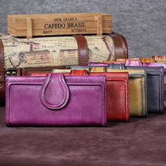 Vintage Womens Long Bifold Wallet Brown Leather Wallet Red Clutch Wallet Purse