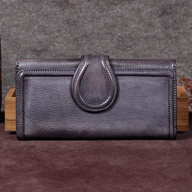 Grey Vintage Womens Leather Bifold Long Wallet Purple Clutch Phone Purses for Ladies
