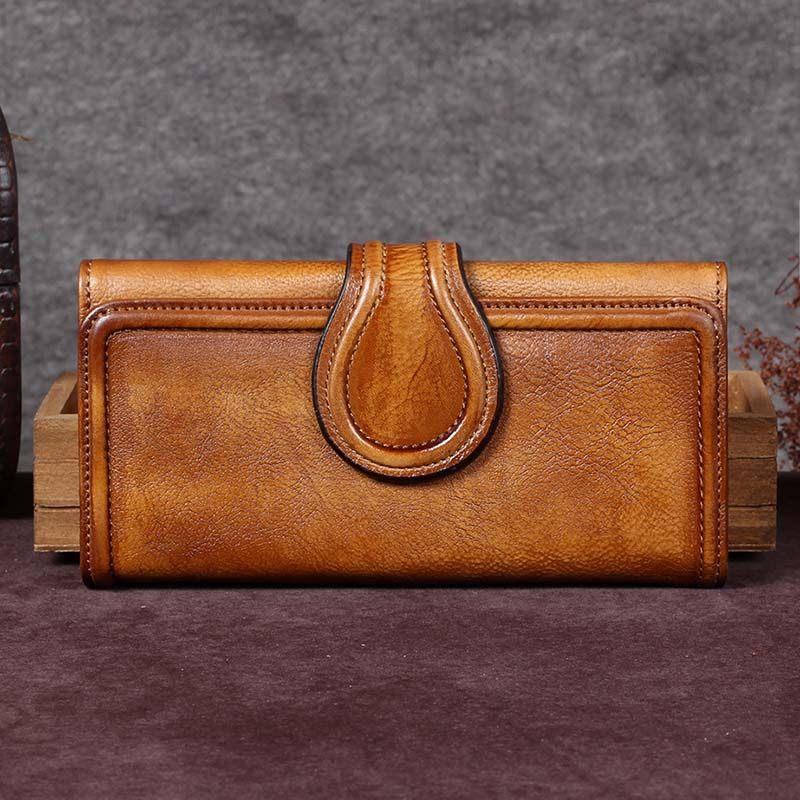 Vintage Womens Long Bifold Wallet Brown Leather Wallet Red Clutch Wallet Purse