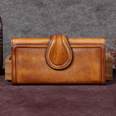 Vintage Womens Long Bifold Wallet Brown Leather Wallet Red Clutch Wallet Purse