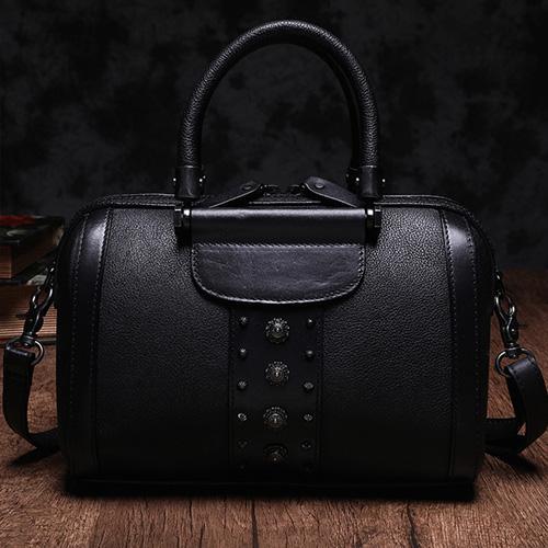 Brown Vintage Womens Leather Boston Handbag Purse Black Side Bag Boston Purse fo DD83991102