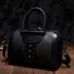 Red Vintage Womens Leather Boston Handbag Purse Black Side Bag Boston Purse for Ladies