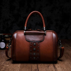 Brown Vintage Womens Leather Boston Handbag Purse Black Side Bag Boston Purse for Ladies