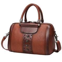 Black Vintage Womens Leather Boston Handbag Purse Brown Side Bag Boston Purse for Ladies