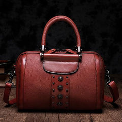 Red Vintage Womens Leather Boston Handbag Purse Black Side Bag Boston Purse for Ladies