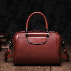 Red Vintage Womens Leather Boston Handbag Purse Black Side Bag Boston Purse for Ladies