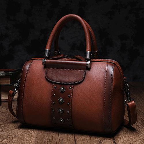 Brown Vintage Womens Leather Boston Handbag Purse Black Side Bag Boston Purse for Ladies