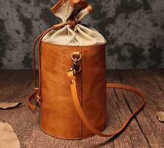 Vintage Leather Brown Bucket Shoulder Bag Barrel Crossbody Purse For Women