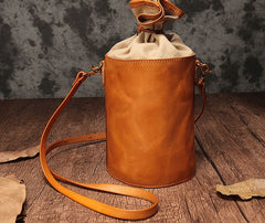 Vintage Leather Brown Bucket Shoulder Bag Barrel Crossbody Purse For Women