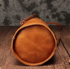 Vintage Leather Brown Bucket Shoulder Bag Barrel Crossbody Purse For Women