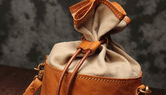 Vintage Leather Brown Bucket Shoulder Bag Barrel Crossbody Purse For Women
