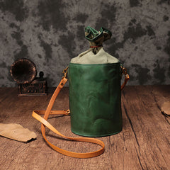 Vintage Leather Brown Bucket Shoulder Bag Barrel Crossbody Purse For Women