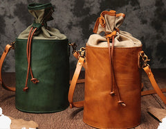 Vintage Leather Brown Bucket Shoulder Bag Barrel Crossbody Purse For Women