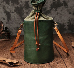 Vintage Leather Brown Bucket Shoulder Bag Barrel Crossbody Purse For Women