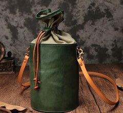 Vintage Leather Brown Bucket Shoulder Bag Barrel Crossbody Purse For Women