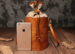 Vintage Leather Brown Bucket Shoulder Bag Barrel Crossbody Purse For Women
