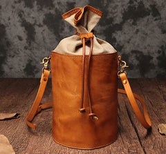 Vintage Leather Brown Bucket Shoulder Bag Barrel Crossbody Purse For Women
