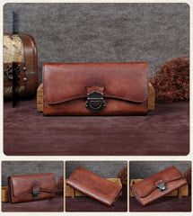 Vintage Bifold Leather Wallets For Women Unique Brown Womens Long Wallets