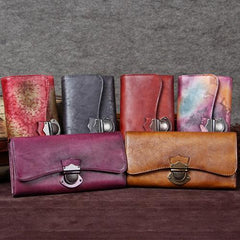 Vintage Bifold Leather Wallets For Women Unique Brown Womens Long Wallets