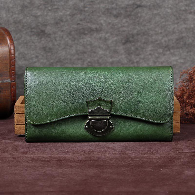 Green Vintage Ladies Leather Buckle Bifold Long Wallet Purple Phone Clutch Purses for Women
