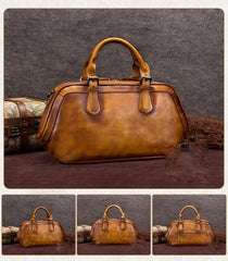 Tan Vintage Womens Leather Doctor Bags Doctor Handbag Doctor's Shoulder Bag Purse for Ladies