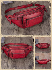 Red Leather Womens Fanny Pack Hip Belt Bags Brown Waist Bag Hip Bag Bum Bag for Women