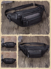 Vintage Black Leather Mens Fanny Pack Hip Belt Bags Waist Bag Hip Bag Bum Bag for WOmen