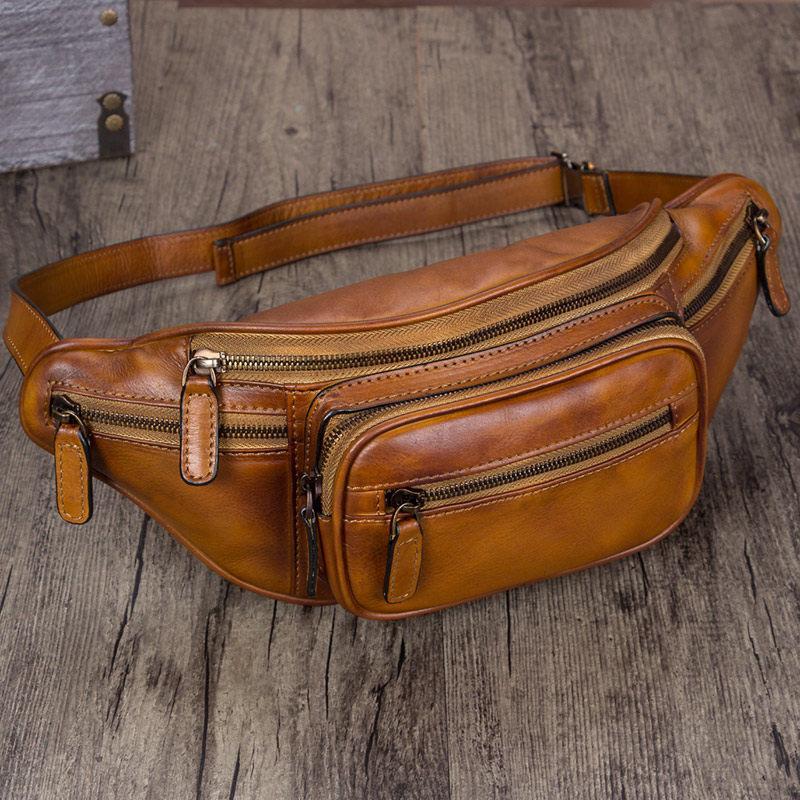 Vintage Brown Leather Mens Fanny Pack Hip Belt Bags Waist Bag