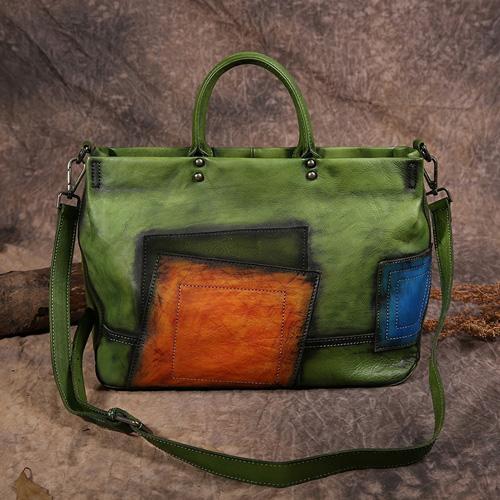 Vintage Color Green Block Women Leather Tote Handbags Shopping Bag Purse Handbags Shoulder Bags