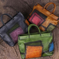 Vintage Color Green Block Women Leather Tote Handbags Shopping Bag Purse Handbags Shoulder Bags