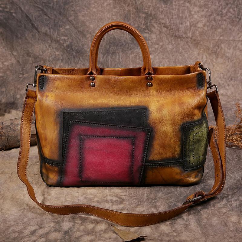 Vintage Color Brown Block Women Leather Tote Handbags Shopping Bag Purse Handbags Shoulder Bags