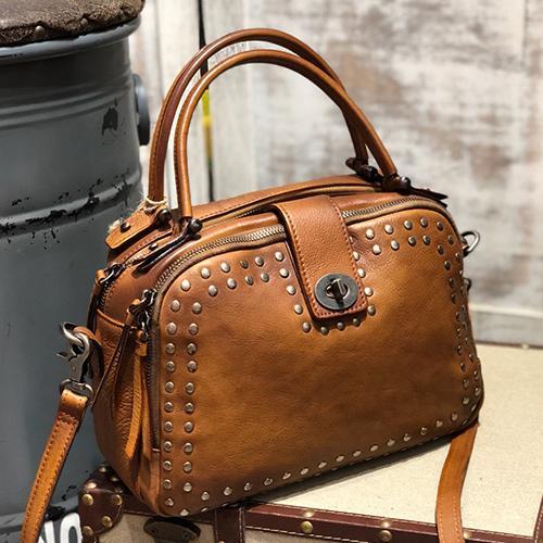 Vintage Womens Rivets Brown Leather Handbags Shoulder Handbags Vintage Leather Purses for Ladies