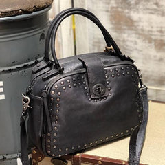 Vintage Womens Rivets Black Leather Handbags Shoulder Handbags Vintage Leather Purses for Ladies