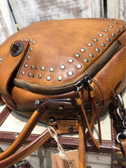 Vintage Womens Rivets Brown Leather Handbags Shoulder Handbags Vintage Leather Purses for Ladies