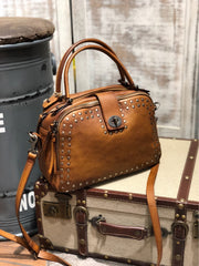 Vintage Womens Rivets Brown Leather Handbags Shoulder Handbags Vintage Leather Purses for Ladies