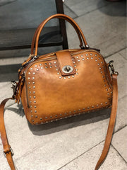 Vintage Womens Rivets Brown Leather Handbags Shoulder Handbags Vintage Leather Purses for Ladies