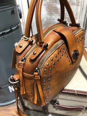 Vintage Womens Rivets Brown Leather Handbags Shoulder Handbags Vintage Leather Purses for Ladies